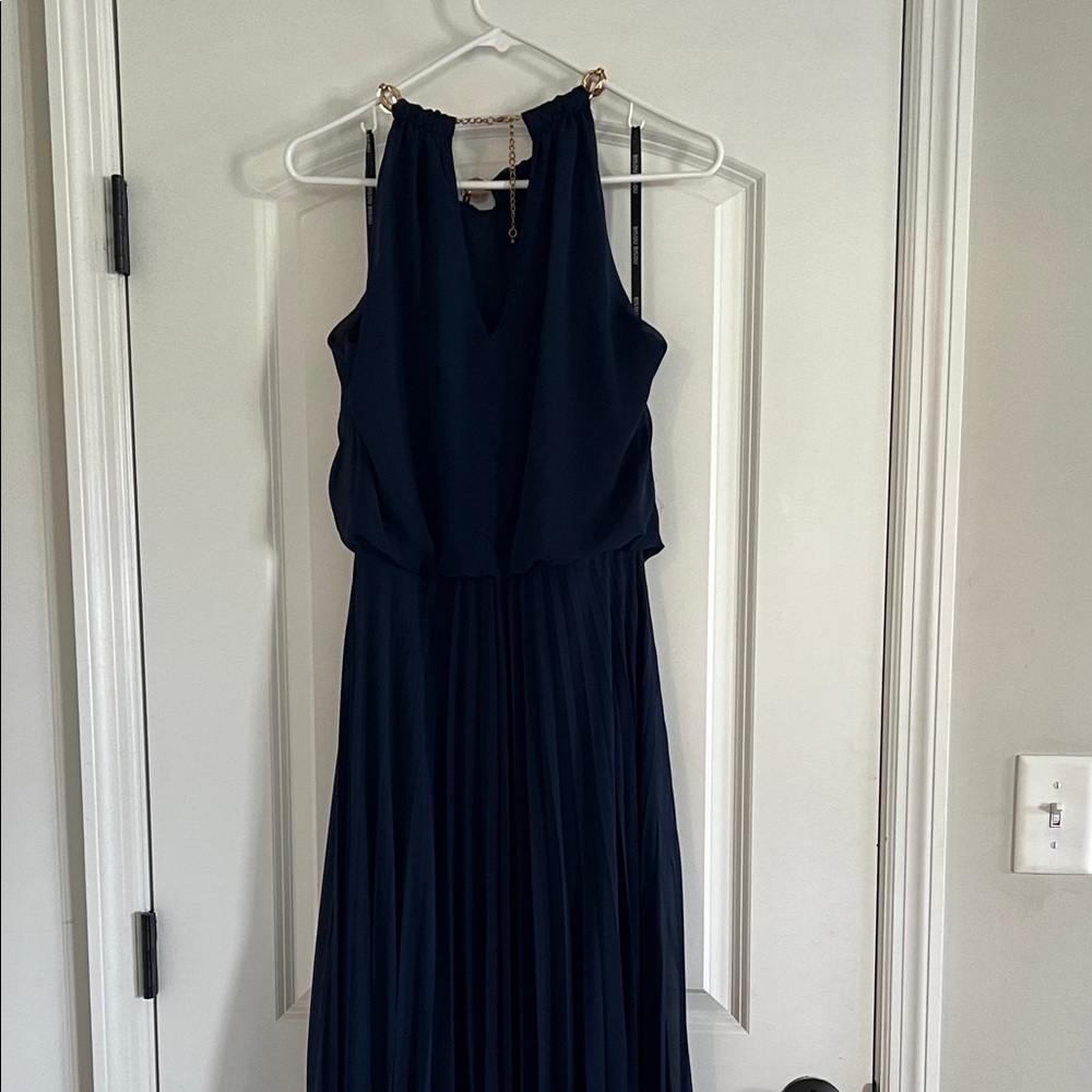 Bisou Bisou Navy Pleated Halter Maxi Dress with Chain Accent - Picture 9 of 10
